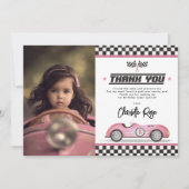 レトロピンクレースカーガールバースデーパーティー写真 サンキューカード (正面)