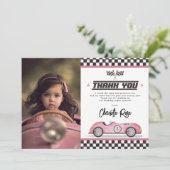 レトロピンクレースカーガールバースデーパーティー写真 サンキューカード (スタンド正面)