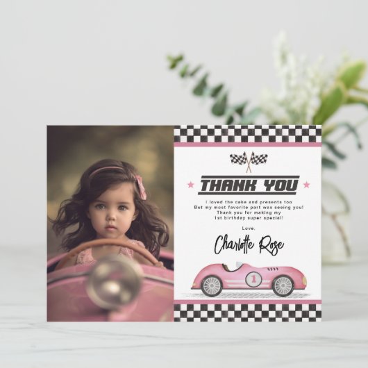 レトロピンクレースカーガールバースデーパーティー写真 サンキューカード (スタンド正面)