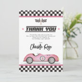 レトロピンクレースカーガールバースデーパーティー サンキューカード (スタンド正面)