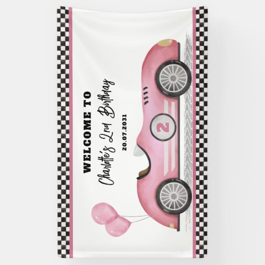 レトロピンクレースカーツーファーストガール誕生日へようこそ 横断幕 (縦)