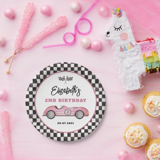 レトロピンクレースカーツーファーストガール誕生日 ペーパープレート (パーティー)