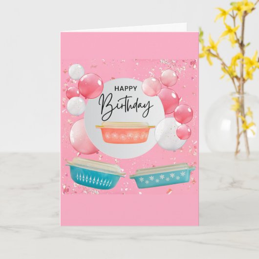 レトロピンクヴィンテージピレックスコレクター誕生日 カード (黄色い花)