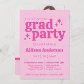 レトロピンク卒業パーティー招待状と写真 招待状 (正面/裏面)