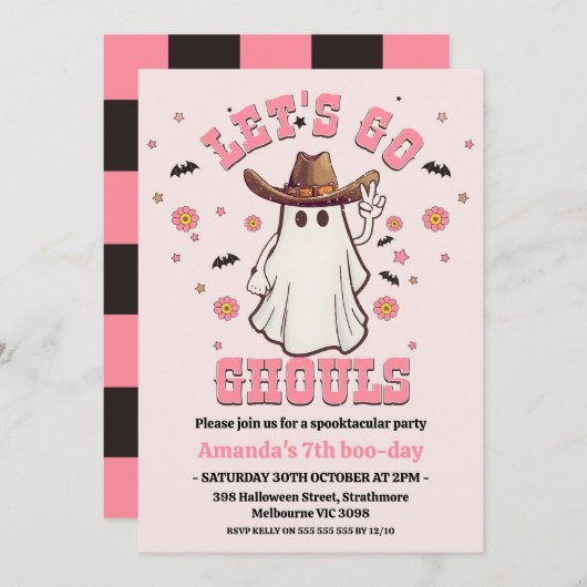 レトロピンク女性のカーボーイゴーグルハロウィーン誕生日 招待状 (正面/裏面)