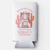 レトロピンク女性のカーボーイディスコボールバースデーパーティー スリム缶クーラー (裏面)