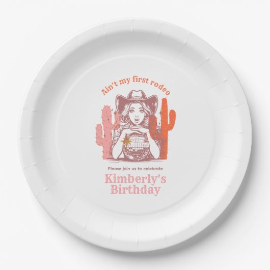 レトロピンク女性のカーボーイディスコボールバースデーパーティー ペーパープレート (正面)