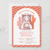 レトロピンク女性のカーボーイディスコボールバースデーパーティー 招待状 (正面)