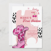 レトロピンク女性のカーボーイファースト・ロデオ1歳 招待状 (正面)