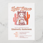 レトロピンク女性のカーボーイラストディスコバチェロレッテ 箔招待状 (正面)