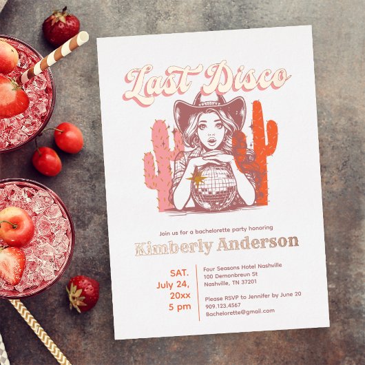 レトロピンク女性のカーボーイラストディスコバチェロレッテ 箔招待状