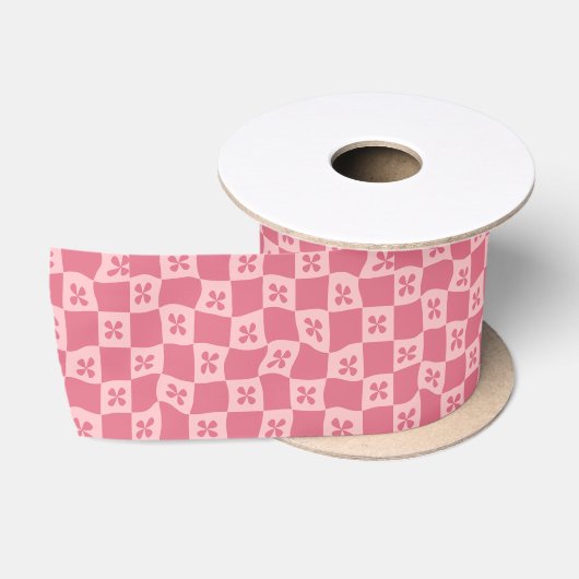 レトロピンク市松模様にの花柄 サテンリボン (リール)