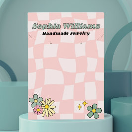 レトロピンク市松模様にネックレスおよびイヤリングディスプレイカード