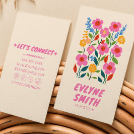 レトロピンク手書き描フローラガーリー カラフル 名刺