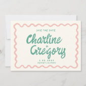 レトロピンク手書き結婚式日付の保存 招待状 (正面)