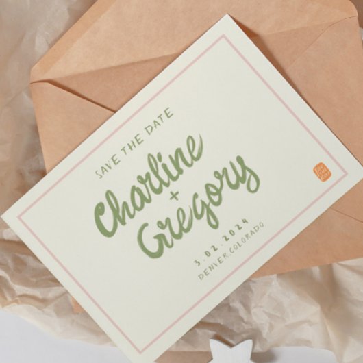 レトロピンク手書き結婚式日付の更新 招待状