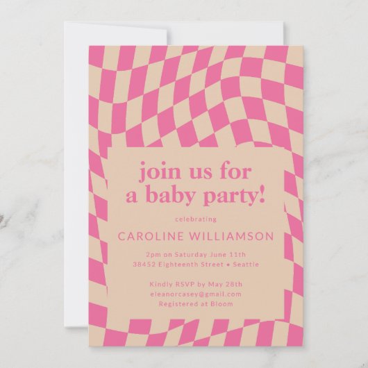 レトロピンク抽象芸術チェッカーボードベビーシャワー 招待状 (正面)