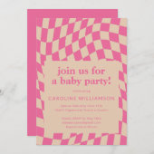レトロピンク抽象芸術チェッカーボードベビーシャワー 招待状 (正面/裏面)