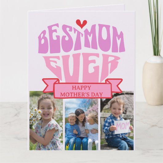 レトロピンク数々のレッド最高の写真お母さんの日 カード (正面)