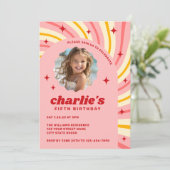 レトロピンク日が差すことレッドスターズのアーチバースデーパーティー 招待状 (スタンド正面)