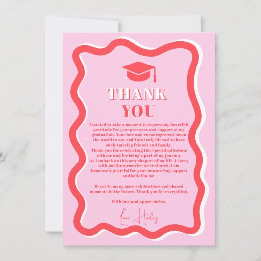 レトロピンク曲線の波状写真のグラデーション サンキューカード (正面)