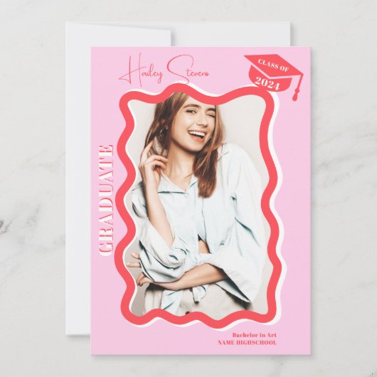 レトロピンク曲線の波状写真のグラデーション 案内状 (正面)