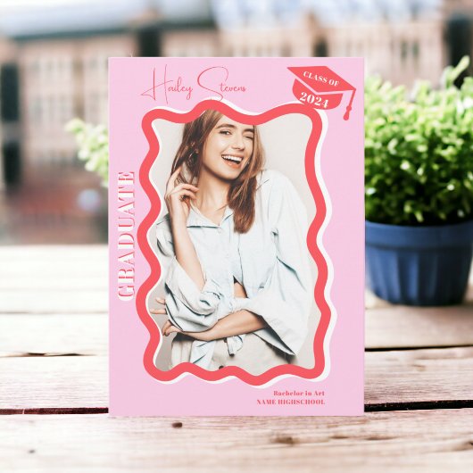 レトロピンク曲線の波状写真のグラデーション 案内状