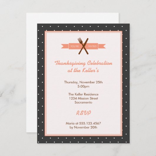 レトロピンク水玉模様フレームホステスディナーパーティー 招待状 (正面/裏面)