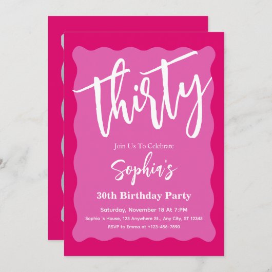 レトロピンク波曲線モダン30th誕生日パーティー 招待状 (正面/裏面)