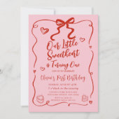 レトロピンク私たちの小さな恋人レッドの最初の誕生日 招待状 (正面)