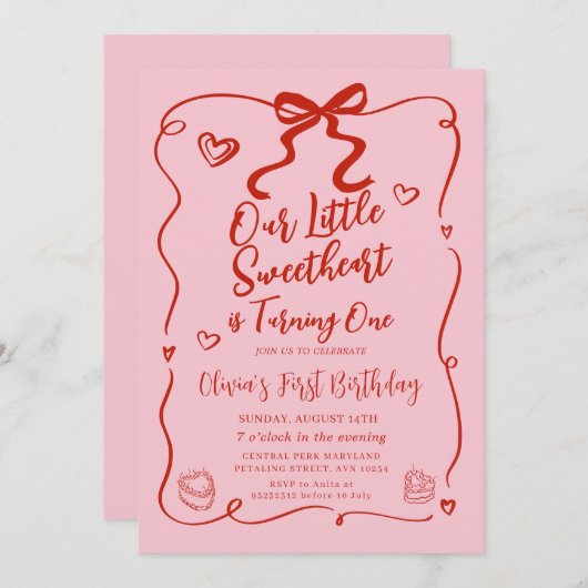 レトロピンク私たちの小さな恋人レッドの最初の誕生日 招待状 (正面/裏面)