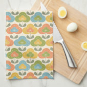 レトロピンク緑ブルーイエロージオメトリックフラワー キッチンタオル (四つ折り)