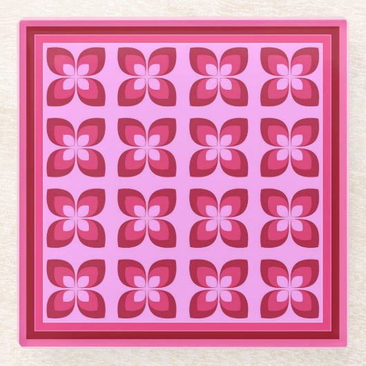 レトロピンク花模様飲料 ガラスコースター (正面)