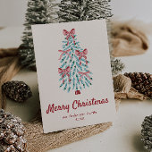 レトロピンク赤いリボンのクリスマスツリー非写真 シーズンカード