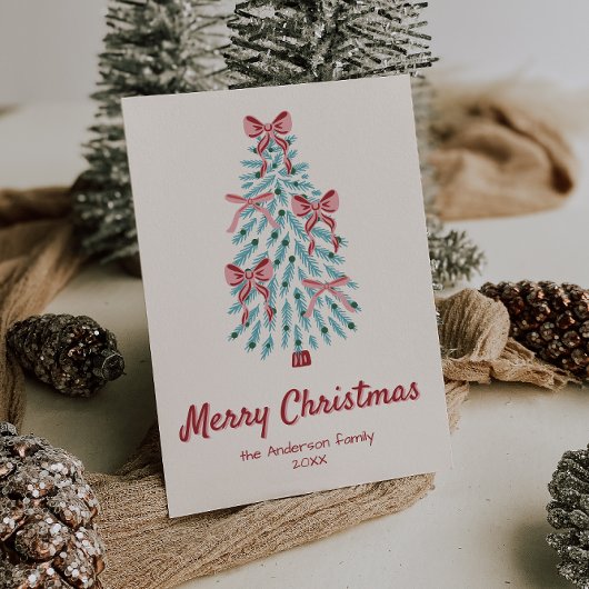 レトロピンク赤いリボンのクリスマスツリー非写真 シーズンカード