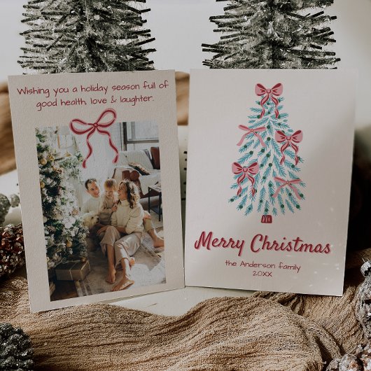 レトロピンク赤い手で描かれたリボンの木クリスマス シーズンカード