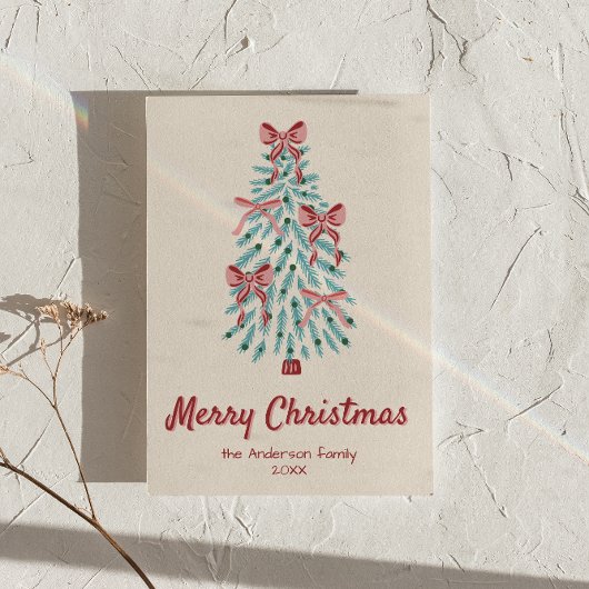 レトロピンク赤い手で描かれたリボンの木クリスマス シーズンカード