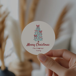 レトロピンク赤い手で描かれたリボンの木クリスマス ラウンドシール