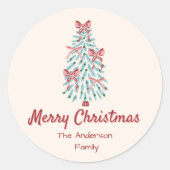 レトロピンク赤い手で描かれたリボンの木クリスマス ラウンドシール (正面)