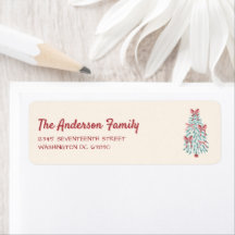 レトロピンク赤い手で描かれたリボンの木クリスマス