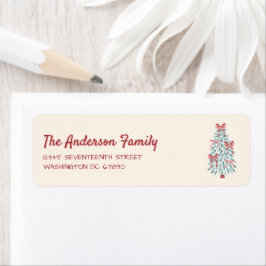 レトロピンク赤い手で描かれたリボンの木クリスマス ラベル