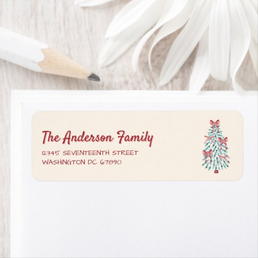 レトロピンク赤い手で描かれたリボンの木クリスマス ラベル (インサイチュ)