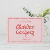 レトロピンク赤い手書き結婚式日付を保存 招待状 (スタンド正面)