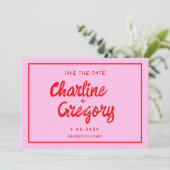 レトロピンク赤い手書き結婚式日付を保存 招待状 (スタンド正面)