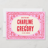 レトロピンク赤い手書き結婚式日付を保存 招待状 (正面)