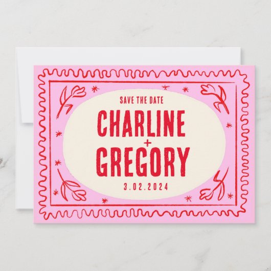 レトロピンク赤い手書き結婚式日付を保存 招待状 (正面)