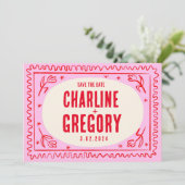 レトロピンク赤い手書き結婚式日付を保存 招待状 (スタンド正面)