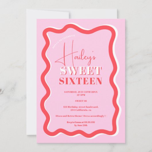 レトロピンク赤い曲線スクイグルウェーブスウィート16 招待状 (正面)