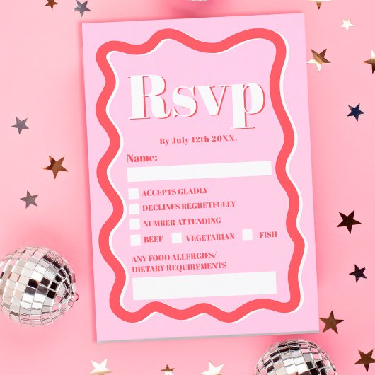 レトロピンク赤い曲線波状結婚波形 招待状