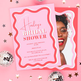 レトロピンク赤曲線斜波ブライダルシャワー 招待状